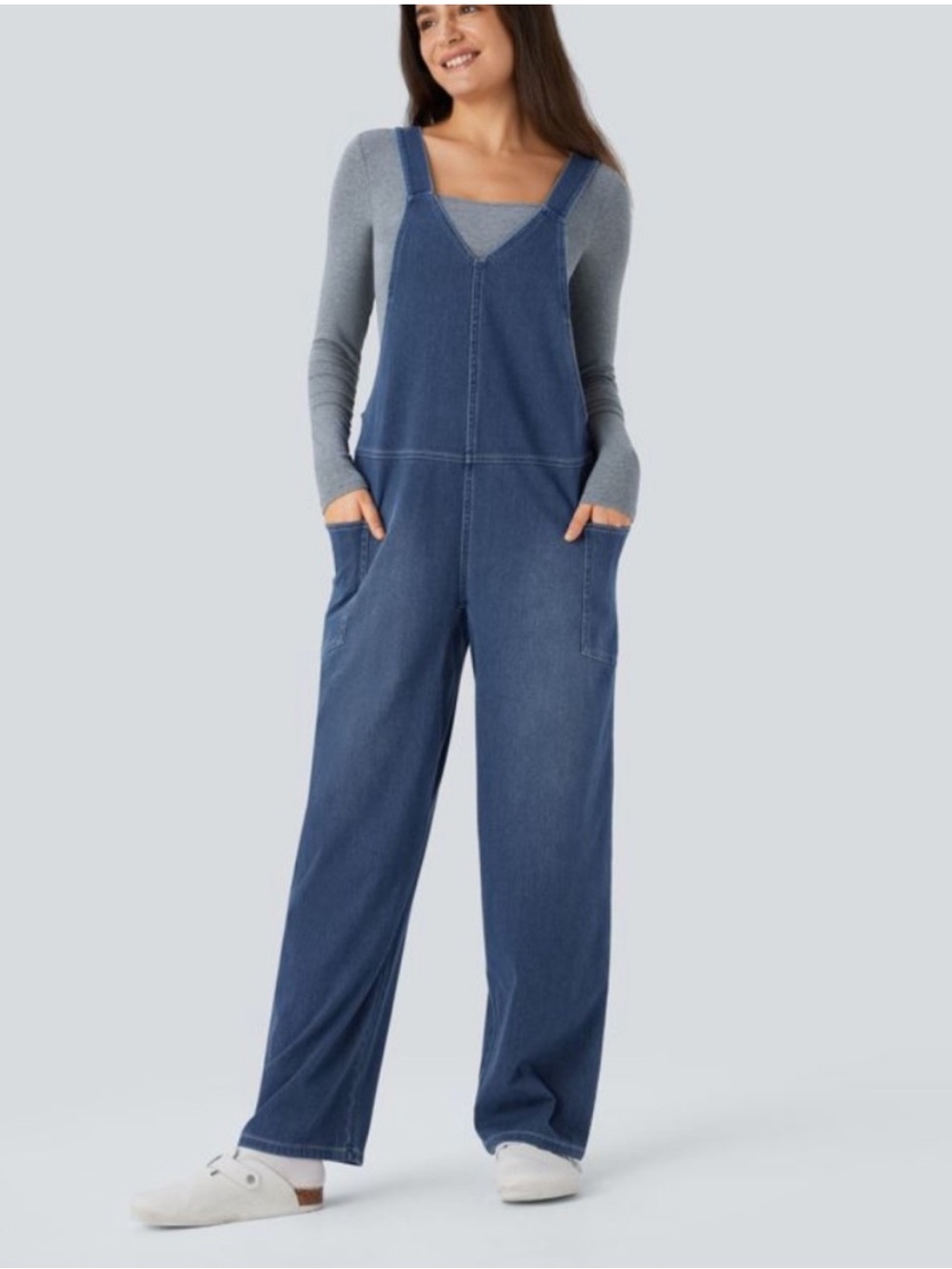 HALARA Flex V Neck Washed Denim
Casual Overalls with Pockets Size Large
